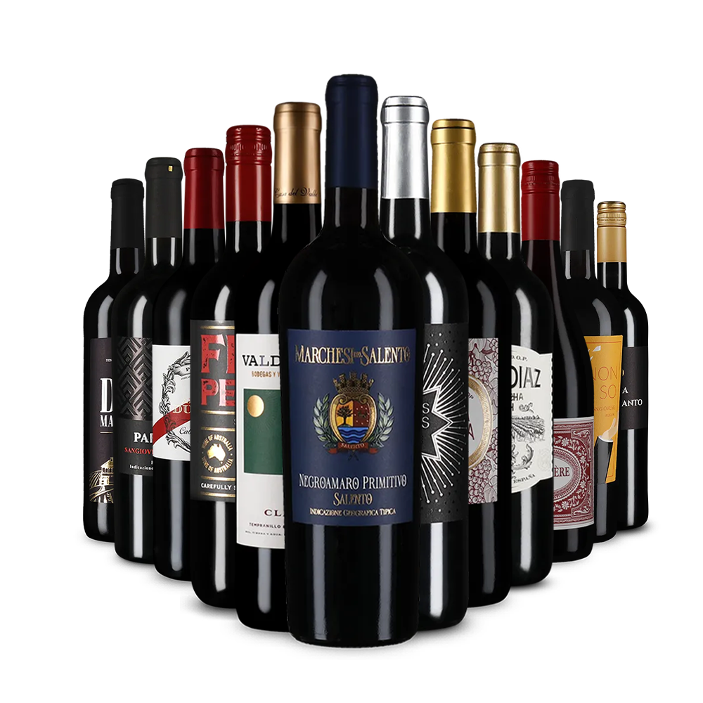 Vins rouges internationaux emblématiques dans un grand assortiment de 12 bouteilles – Gold