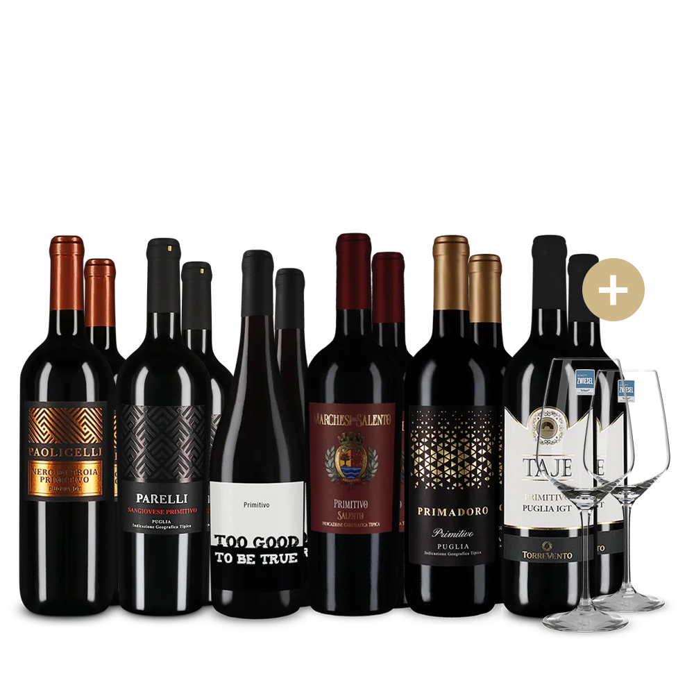 Primitivo XXL : les vins emblématiques en assortiment 6x2+ 2 verres à vin – Gold