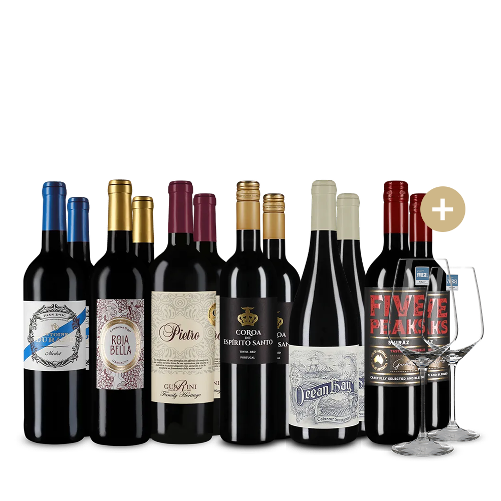 Vins rouges internationaux emblématiques en assortiment 6x2+ 2 verres – Gold