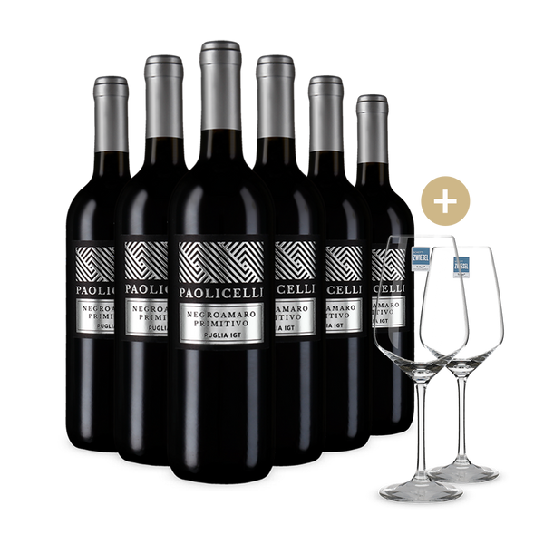 6 bouteilles Casa Vinicola Botter Paolicelli Negroamaro Primitivo 2024 + 2 verres à vin – Gold