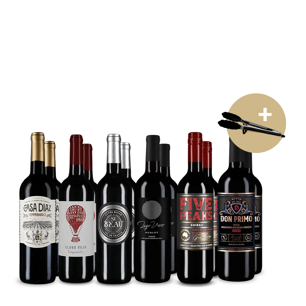 Vins rouges phares pour la saison du barbecue en assortiment 6x2 + pince de cuisine – Gold