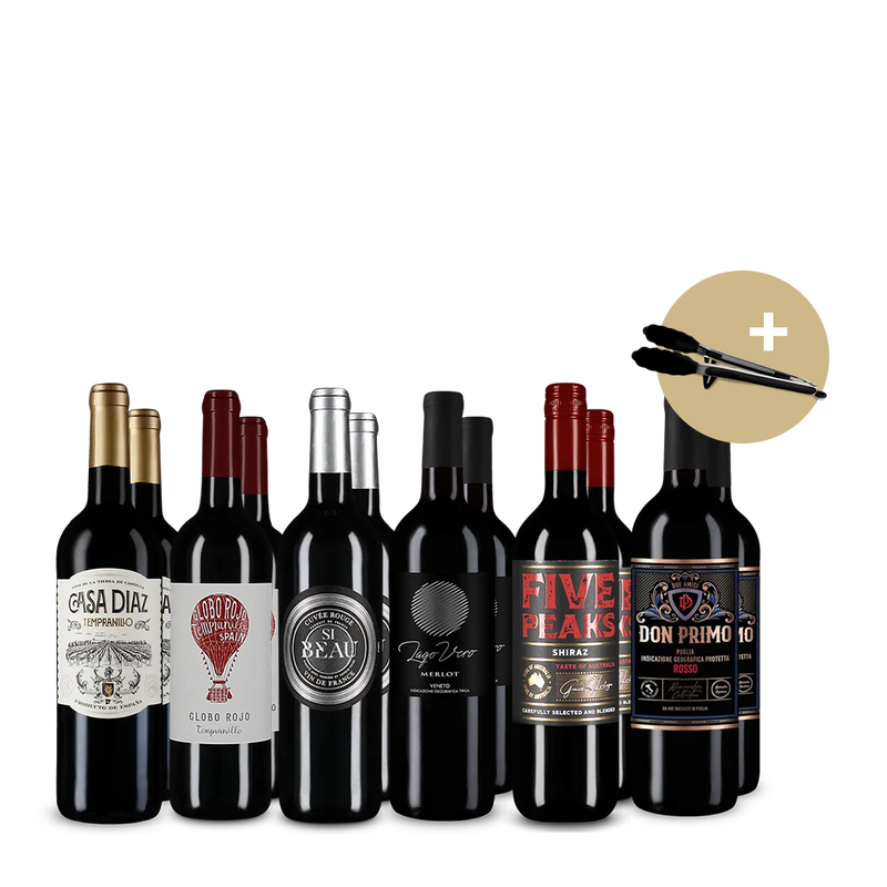 Vins rouges phares pour la saison du barbecue en assortiment 6x2 + pince de cuisine – Gold