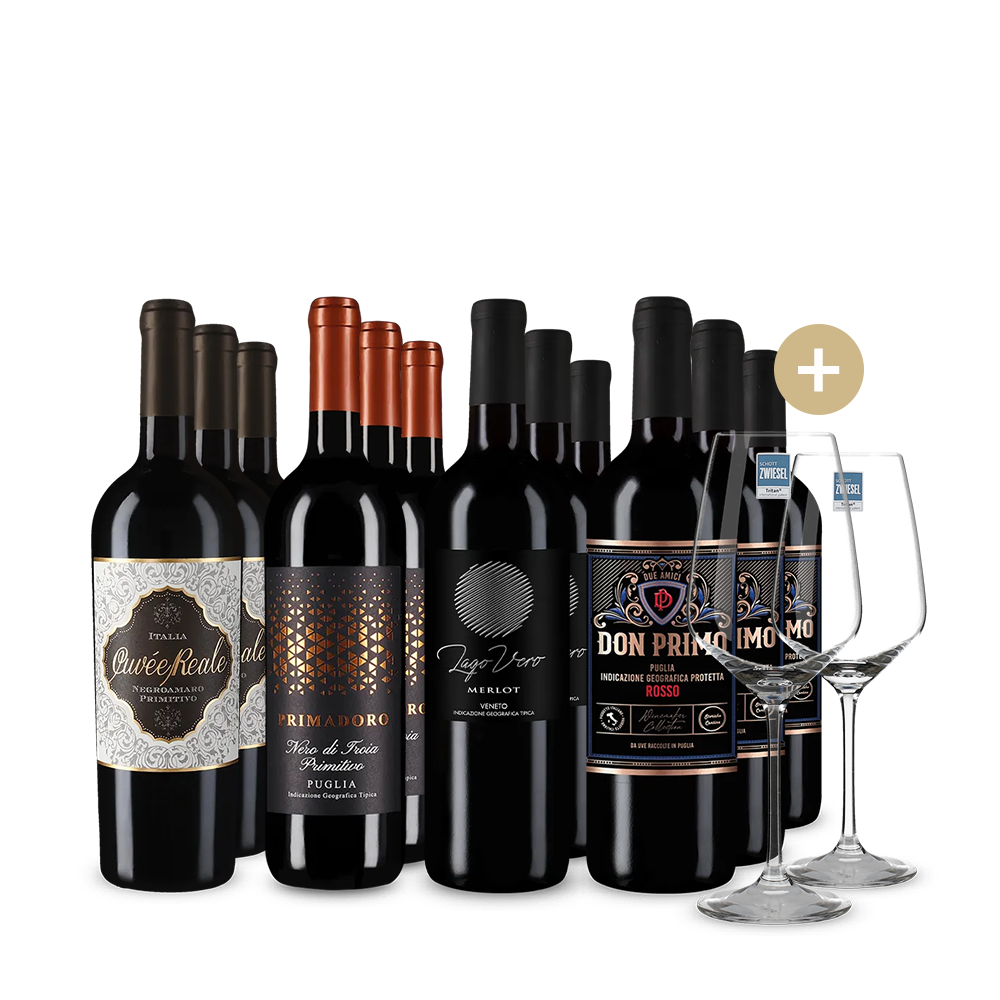 Stars du vin rouge italien 4x3 bouteilles + 2 verres – Gold