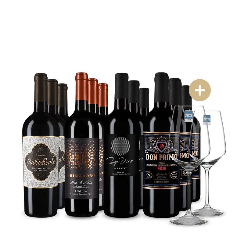 Stars du vin rouge italien 4x3 bouteilles + 2 verres – Gold