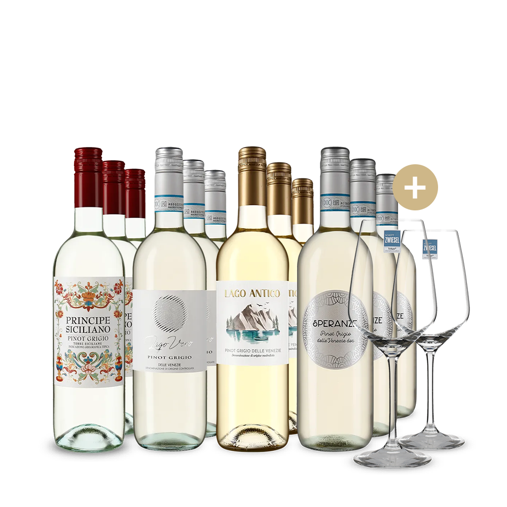 Pinot Grigio : nos vins phares 4x3 bouteilles + 2 verres – Gold