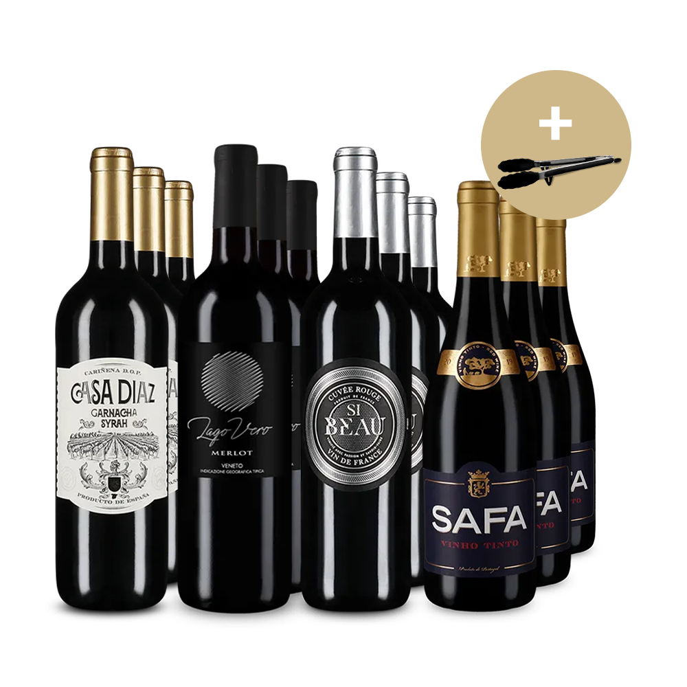 Voyage avec des vins rouges du sud de l’Europe en assortiment avantages 4x3 + pince de cuisine – Gold