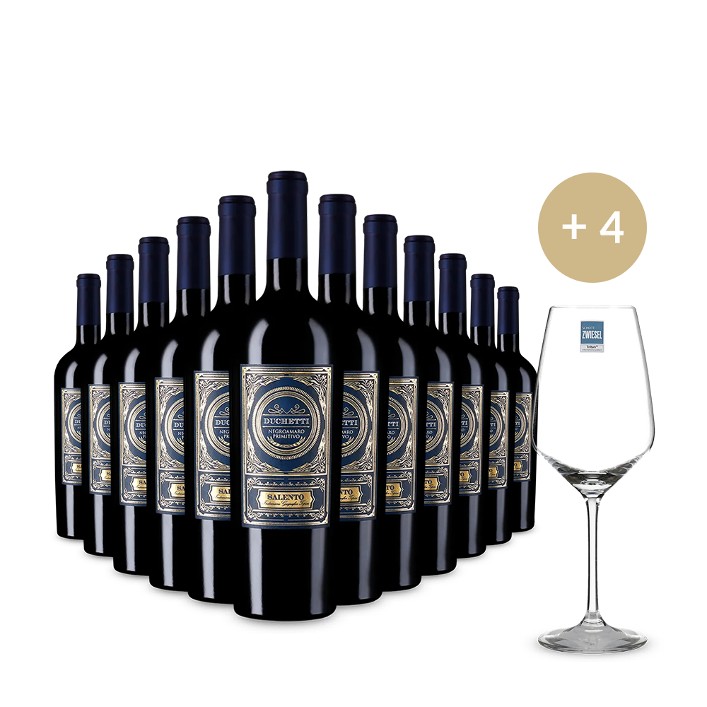 12 bouteilles Duchetti Negroamaro Primitivo 2024 + 4 verres à vin