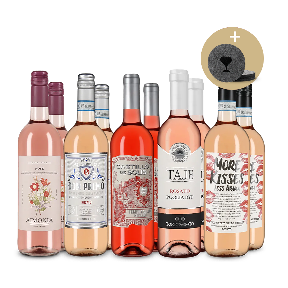 Des rosés du sud de l’Europe en assortiment 5x2 + dessous de verres en feutre – Gold