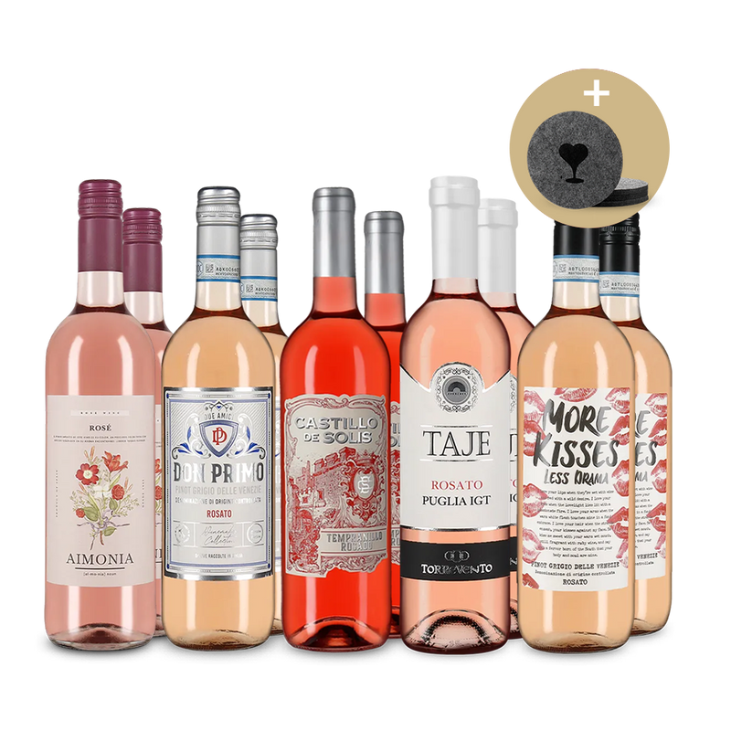 Des rosés du sud de l’Europe en assortiment 5x2 + dessous de verres en feutre – Gold