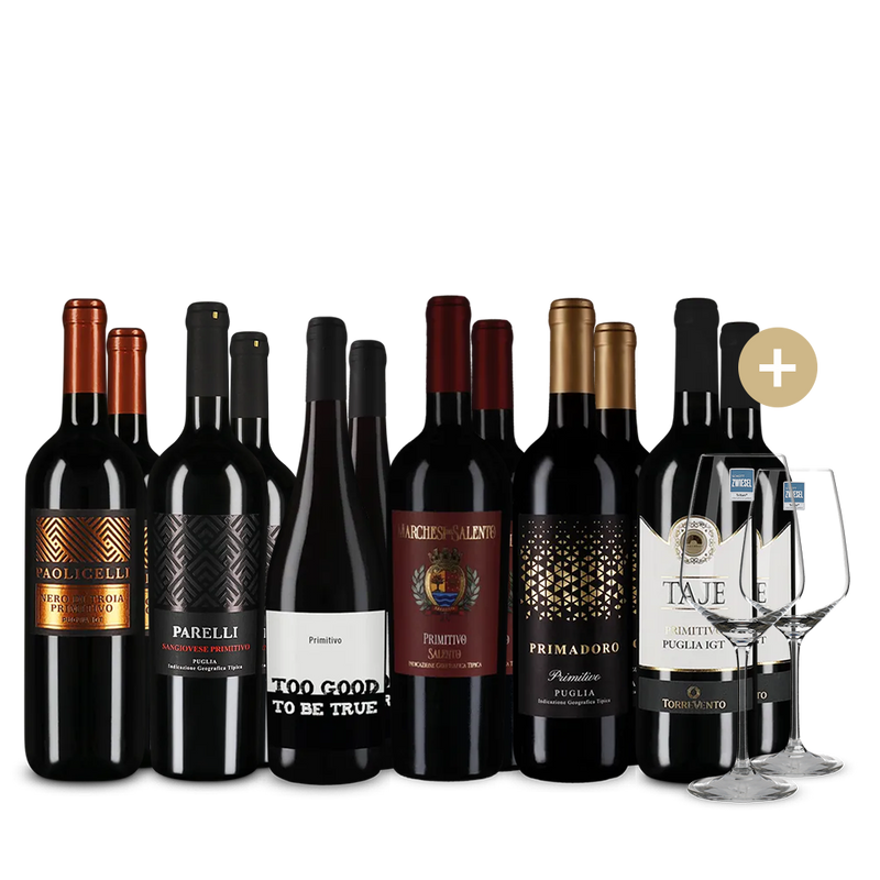 Primitivo XXL : les vins emblématiques en assortiment 6x2+ 2 verres à vin – Gold