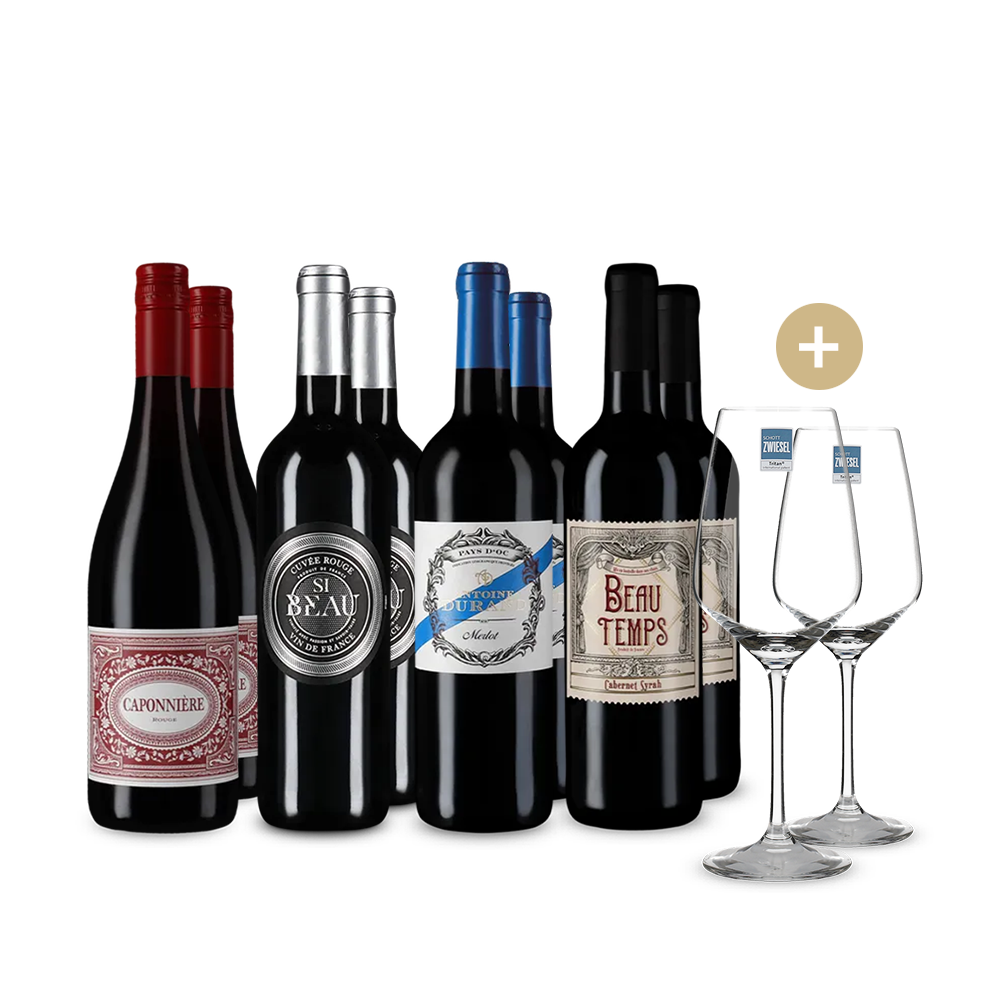Stars du vin rouge français en assortiment 4x2 + 2 verres à vin – Gold