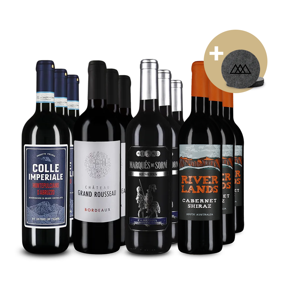 Stars du vin rouge festif en assortiment 4x3 + dessous de verres en feutre – Gold