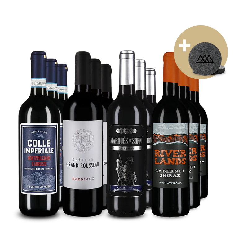 Stars du vin rouge festif en assortiment 4x3 + dessous de verres en feutre – Gold