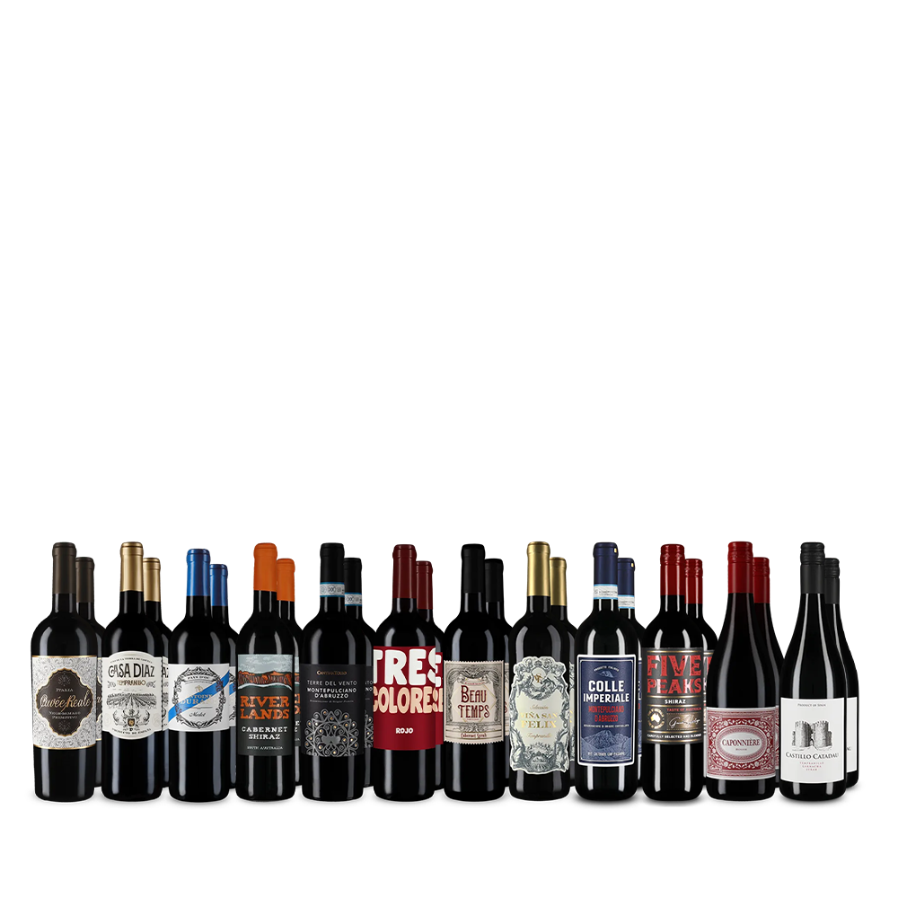 Vins rouges internationaux emblématiques dans un assortiment 12x2 – Gold