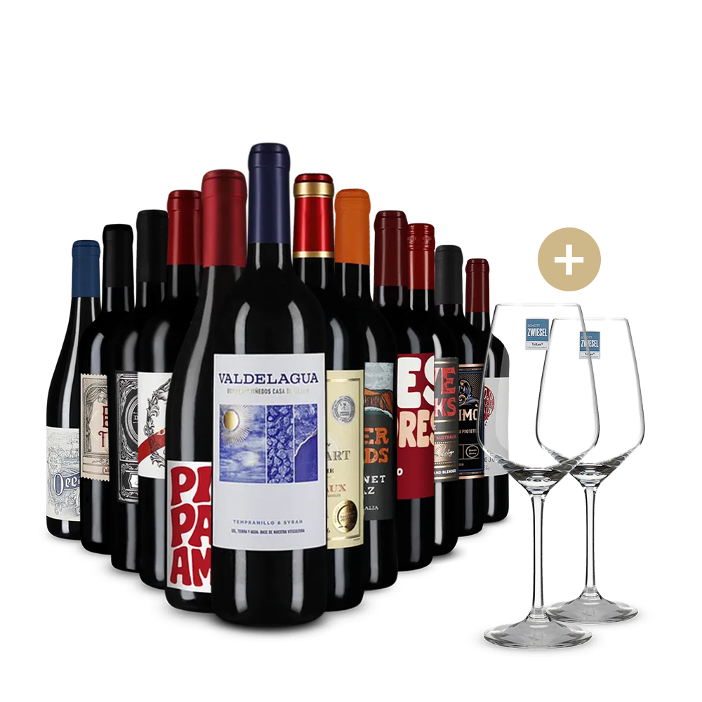 Vins rouges d’hiver en assortiment avantages de 12 + 2 verres