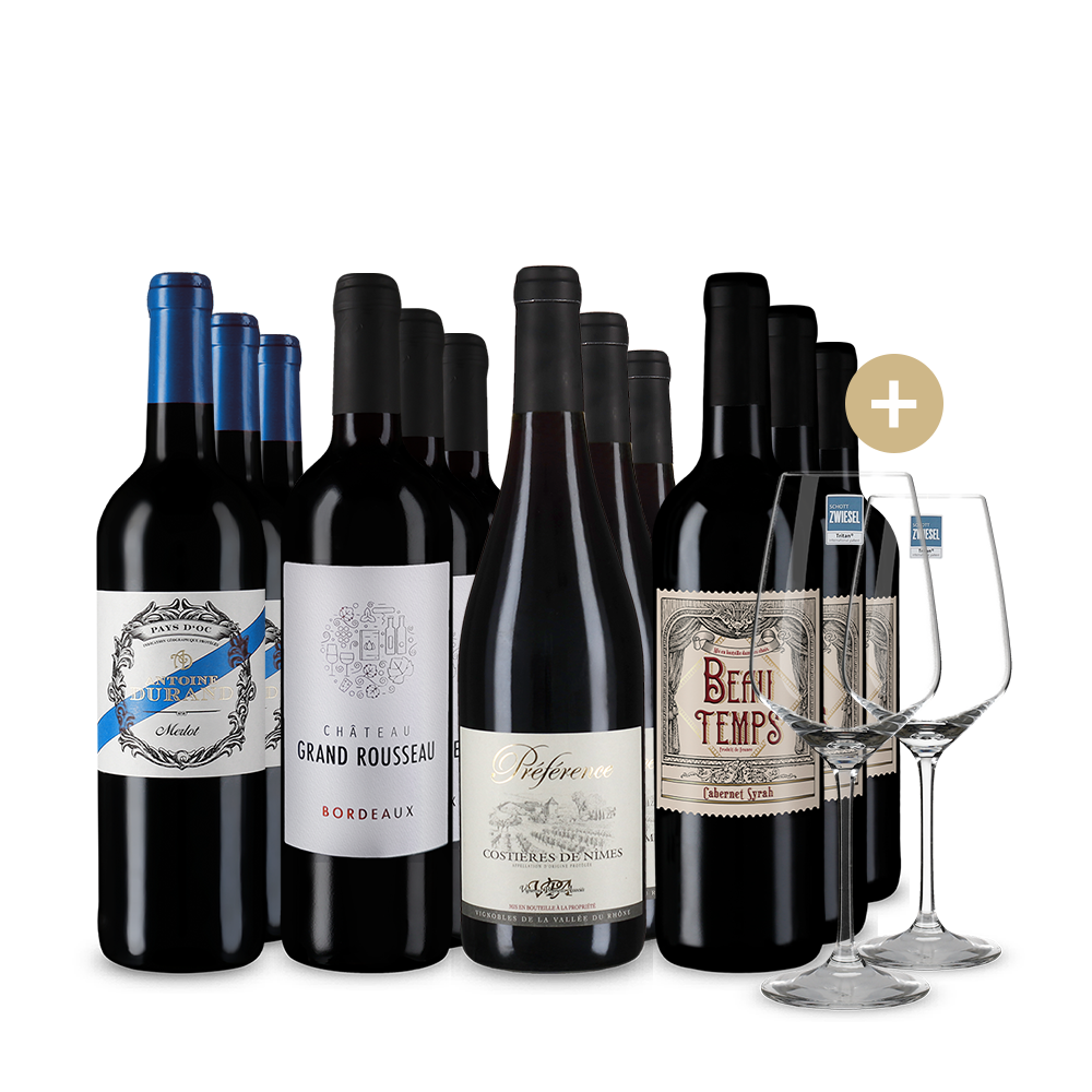 Stars du vin rouge français en assortiment 4x3+ 2 verres à vin