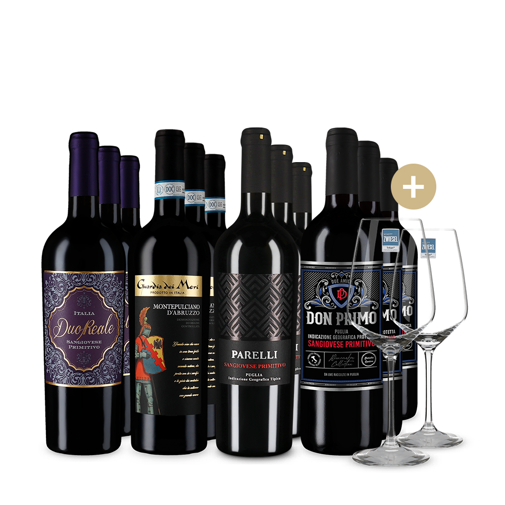 Vins rouges italiens emblématiques en assortiment 4x3+ 2 verres à vin – Gold