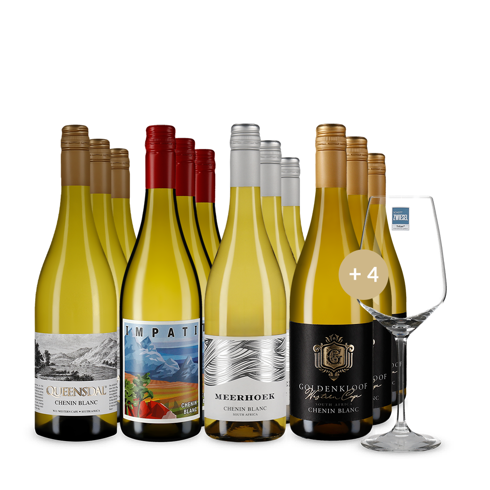 Quatuor de Chenins blancs en assortiment avantages 4x3 + 4 verres à vin
