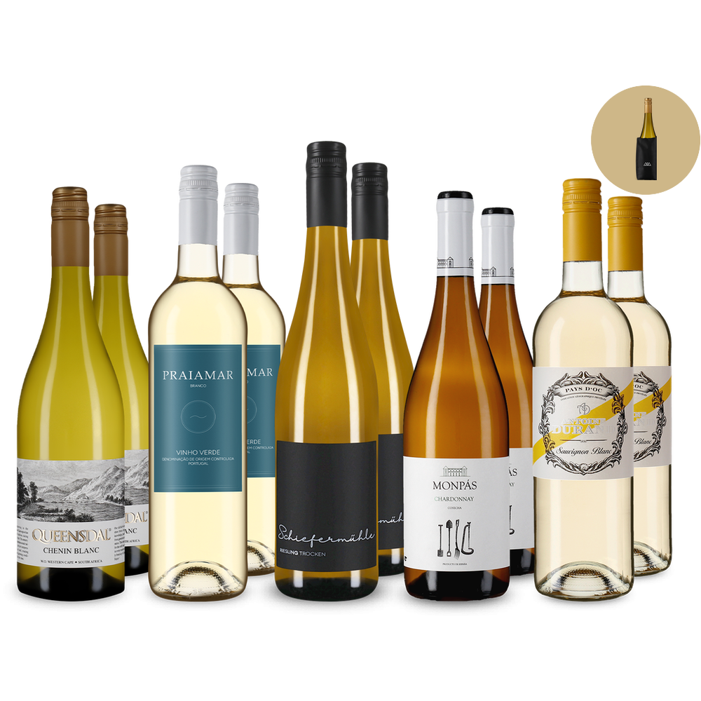 Des vins blancs internationaux emblématiques en assortiment 5x2 + rafraîchisseur de bouteille