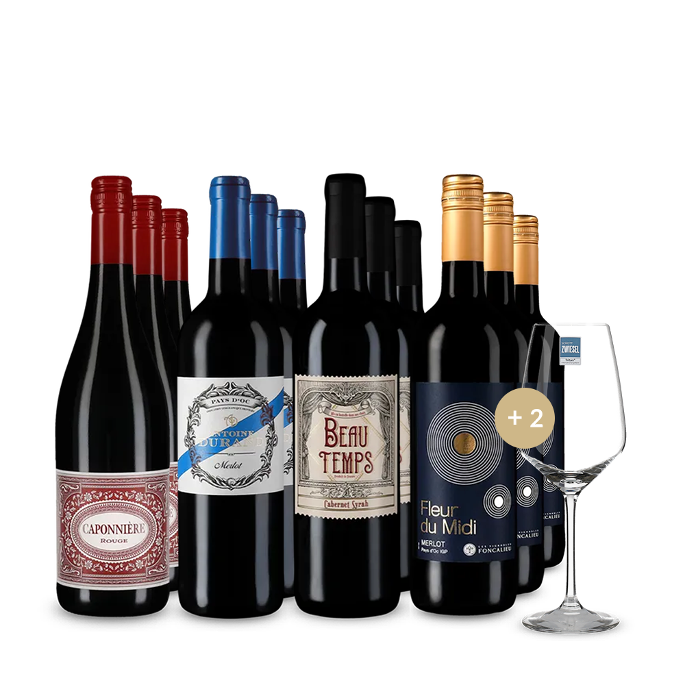 Stars du vin rouge français en assortiment 4x3 + 2 verres à vin