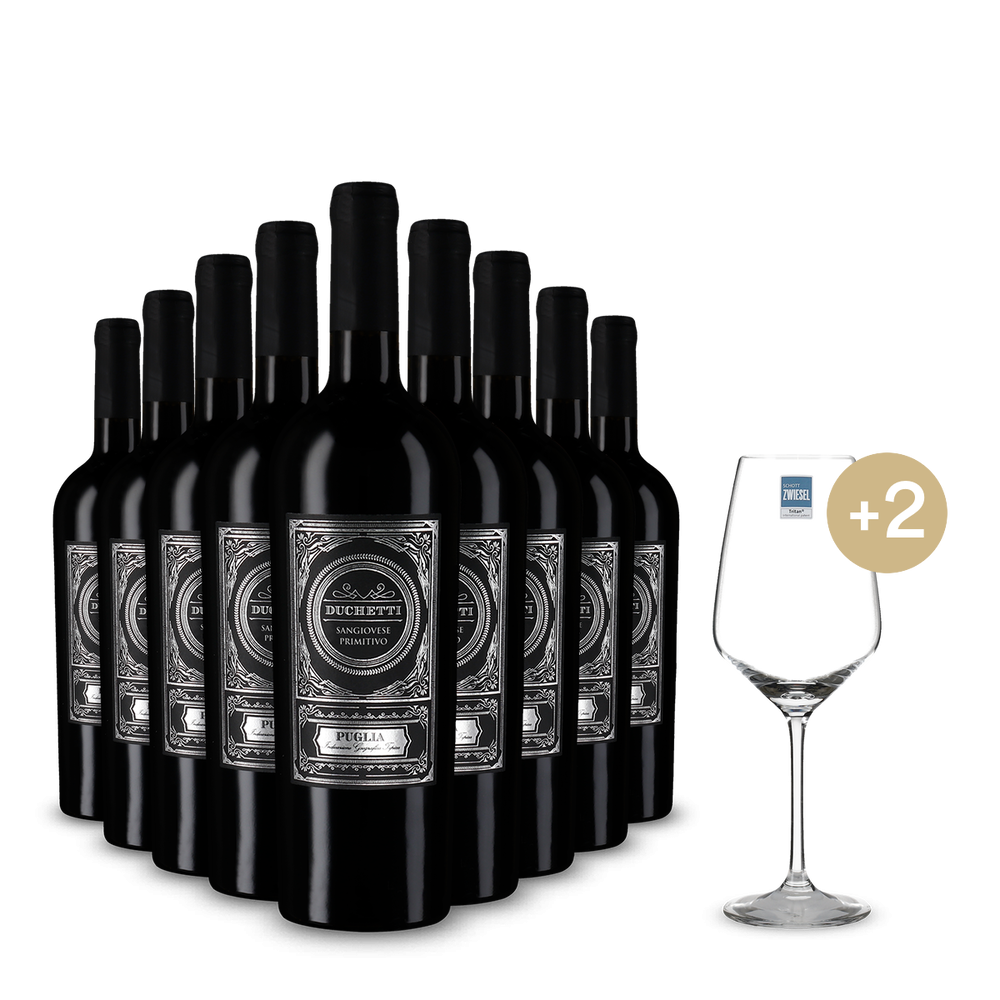 6+3 bouteilles de Sangiovese Primitivo 2025 + 2 verres à vin