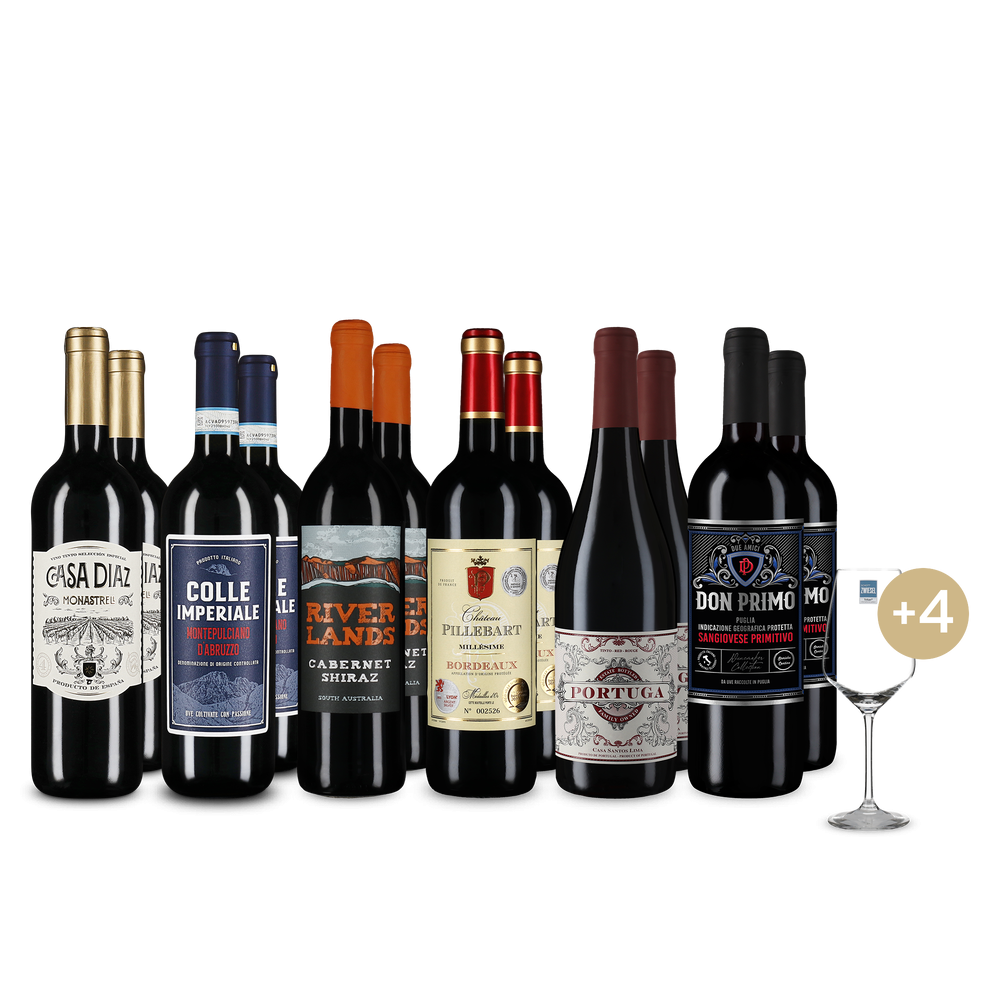 Stars internationales du vin rouge en assortiment 6x2 + 4 verres à vin