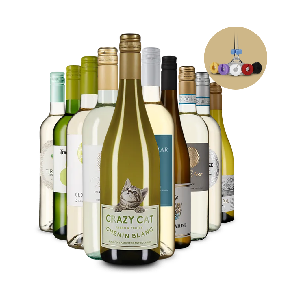 Vins blancs internationaux emblématiques en assortiment de 10 + marque-verres – Gold