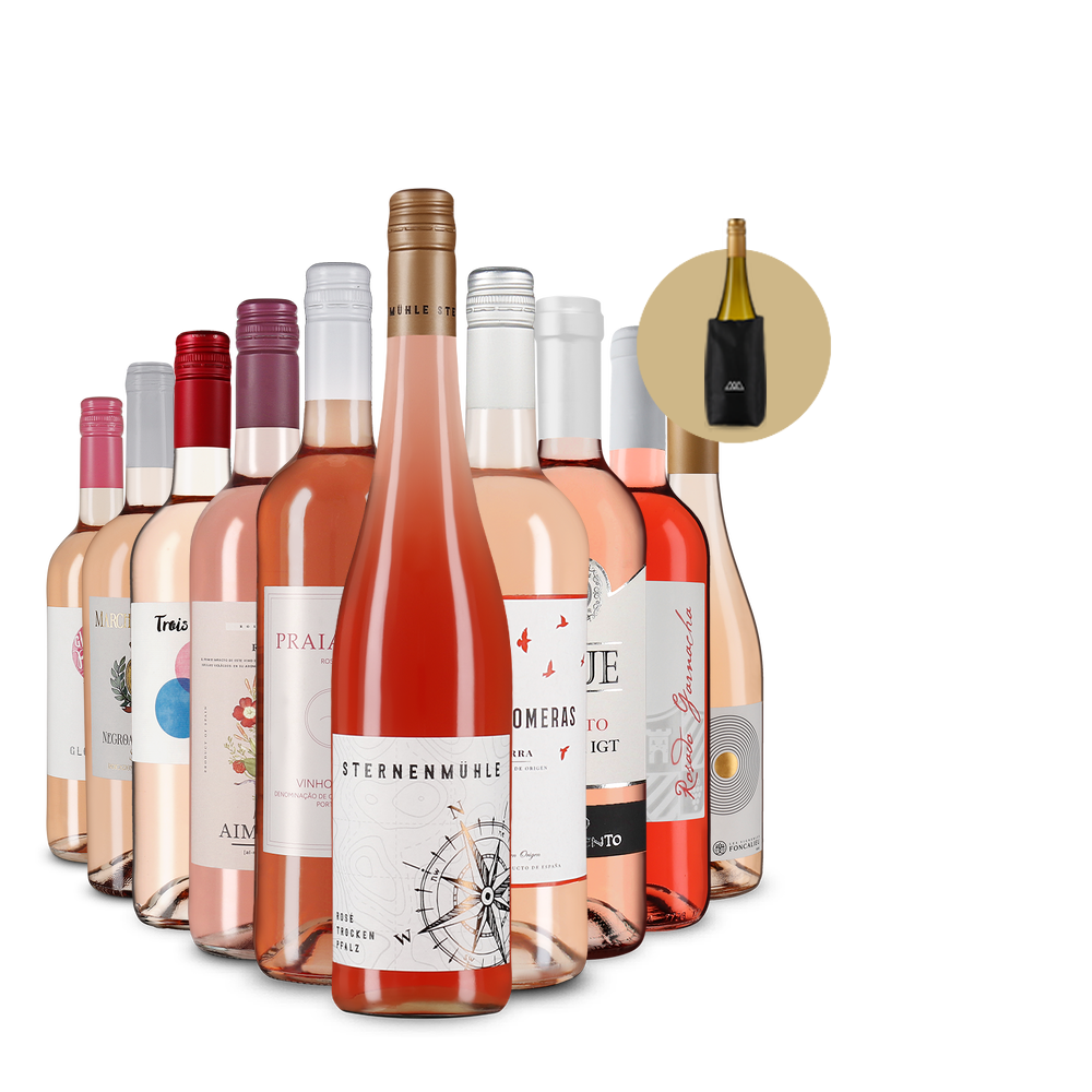 Rosés européens emblématiques en assortiment de 10 + rafraîchisseur de bouteille – Gold