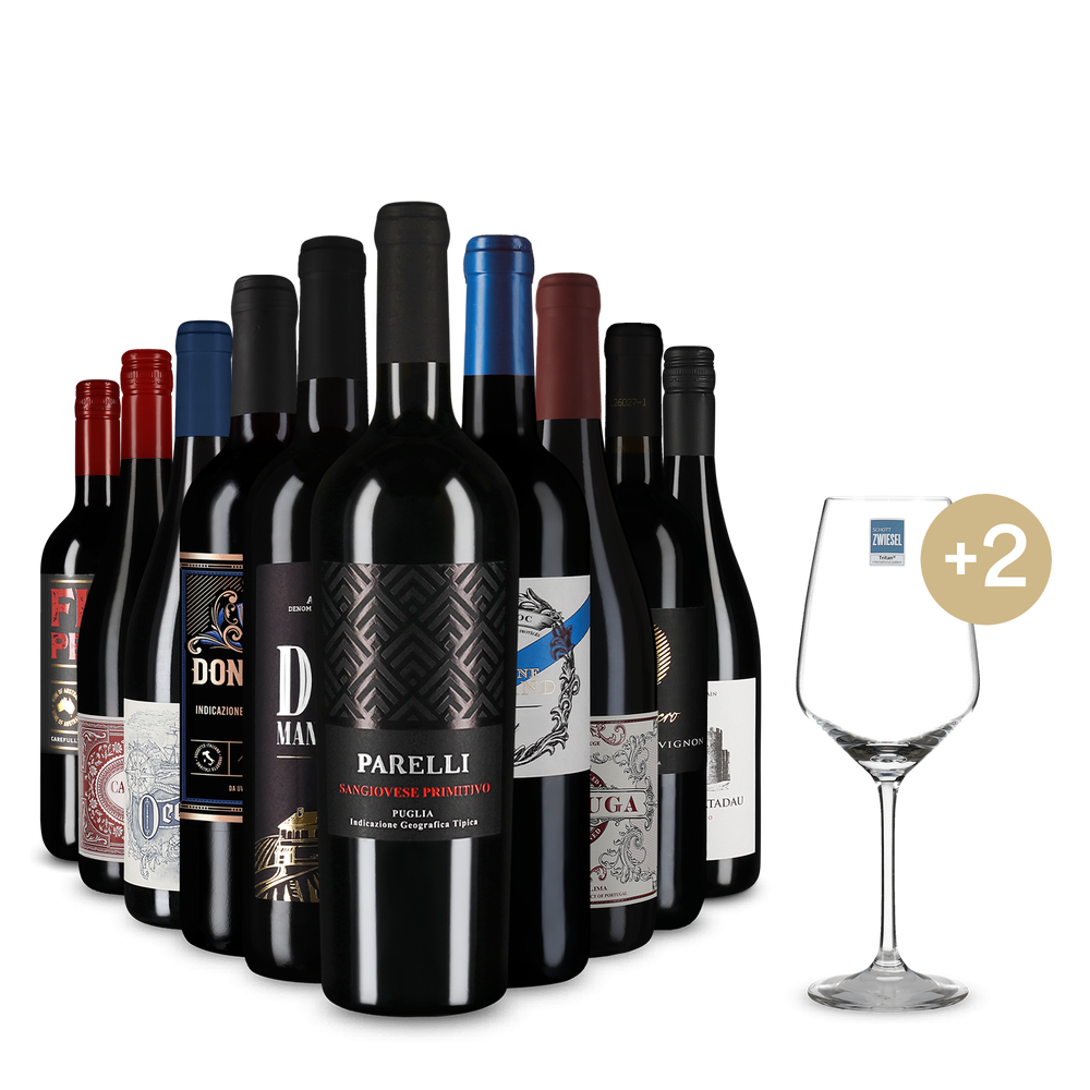 Stars internationales du vin rouge en assortiment de 10 + 2 verres à vin – Gold