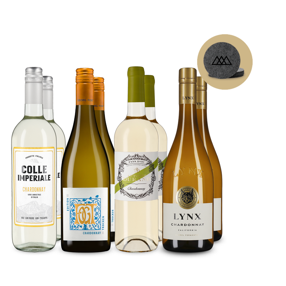 4x2 Chardonnay : sélection internationale + dessous de verres en feutre