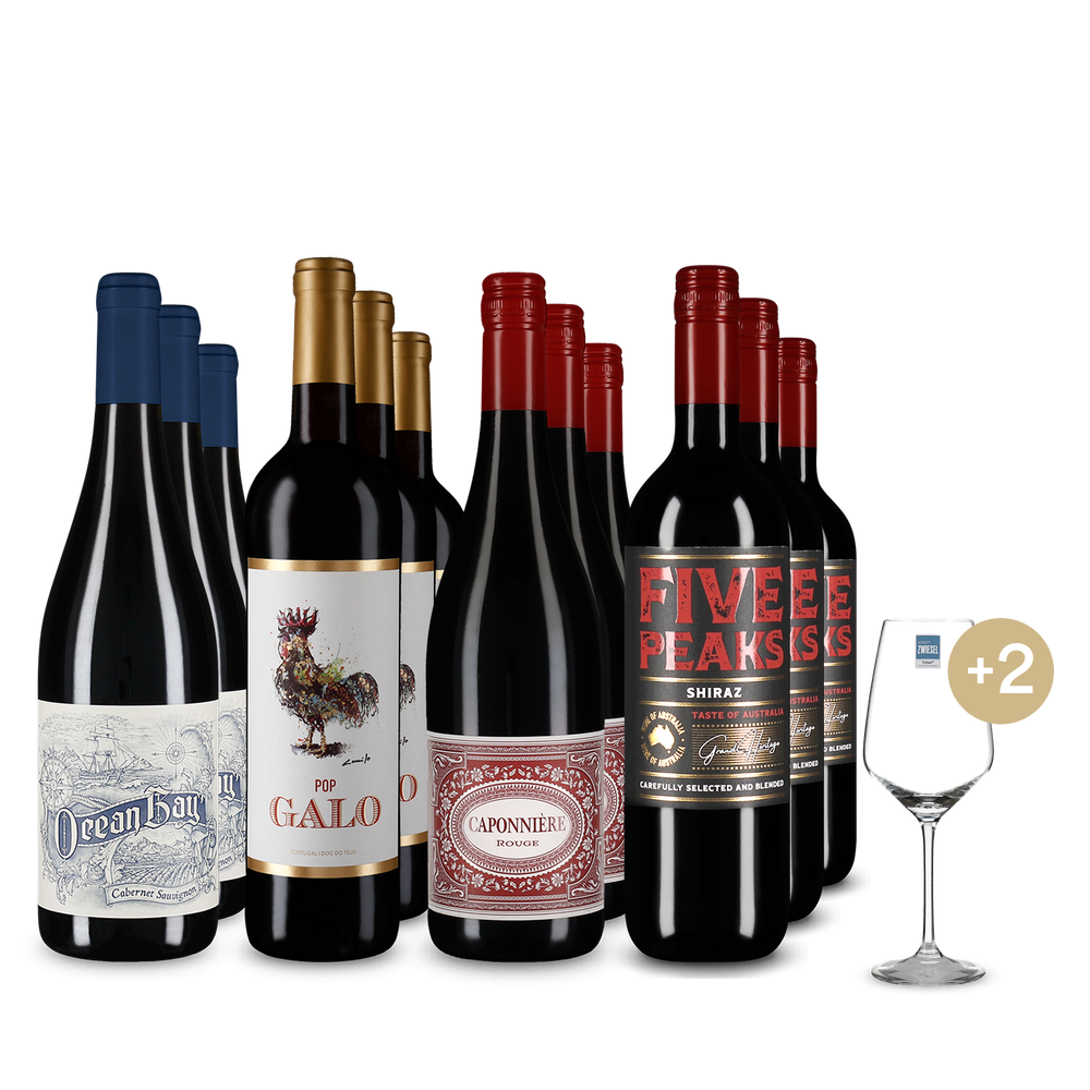 4x3 Vins rouges du monde entier + 2 verres à vin