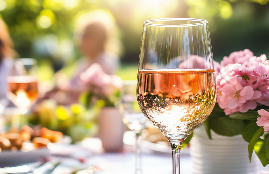 Une table dressée en plein air dans une ambiance printanière, avec un verre de rosé au centre