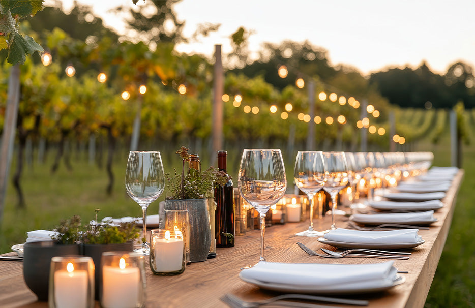 Une table dressée par une soirée d'été dans le vignoble