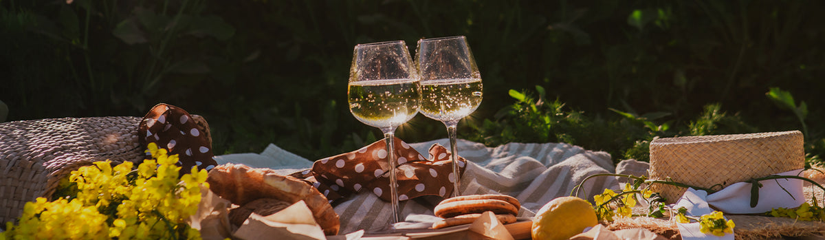 Bienvenue chez Vinroyal. Deux verres de vin blanc sont posés sur une nappe de pique-nique à l'extérieur.